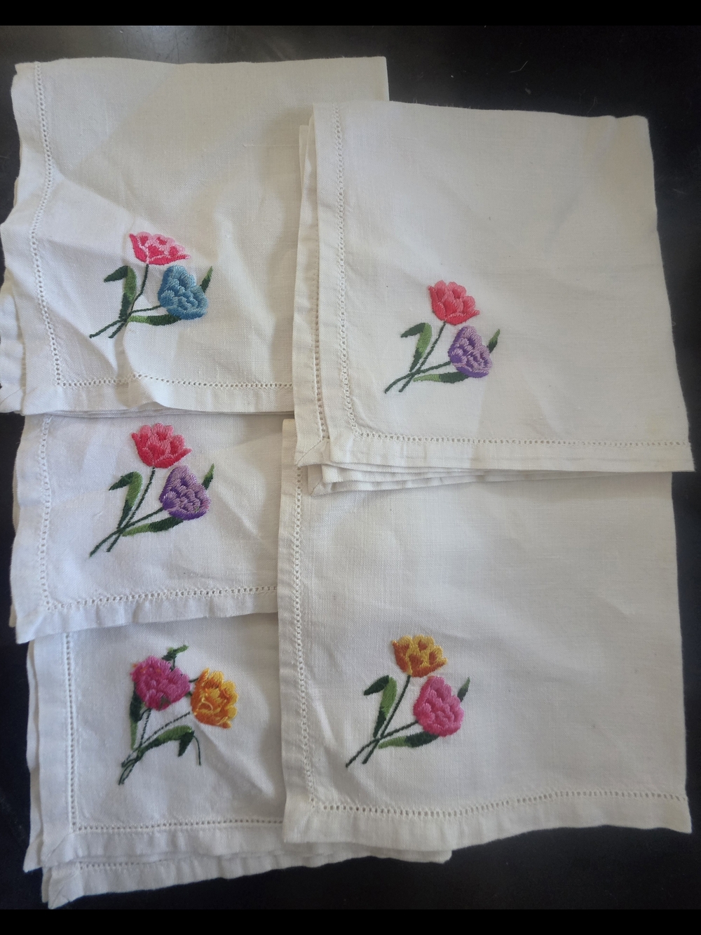 Embroidered Floral Cotton Napkins - White with Pink, Purple, Yellow Accents - Picture 1 of 6